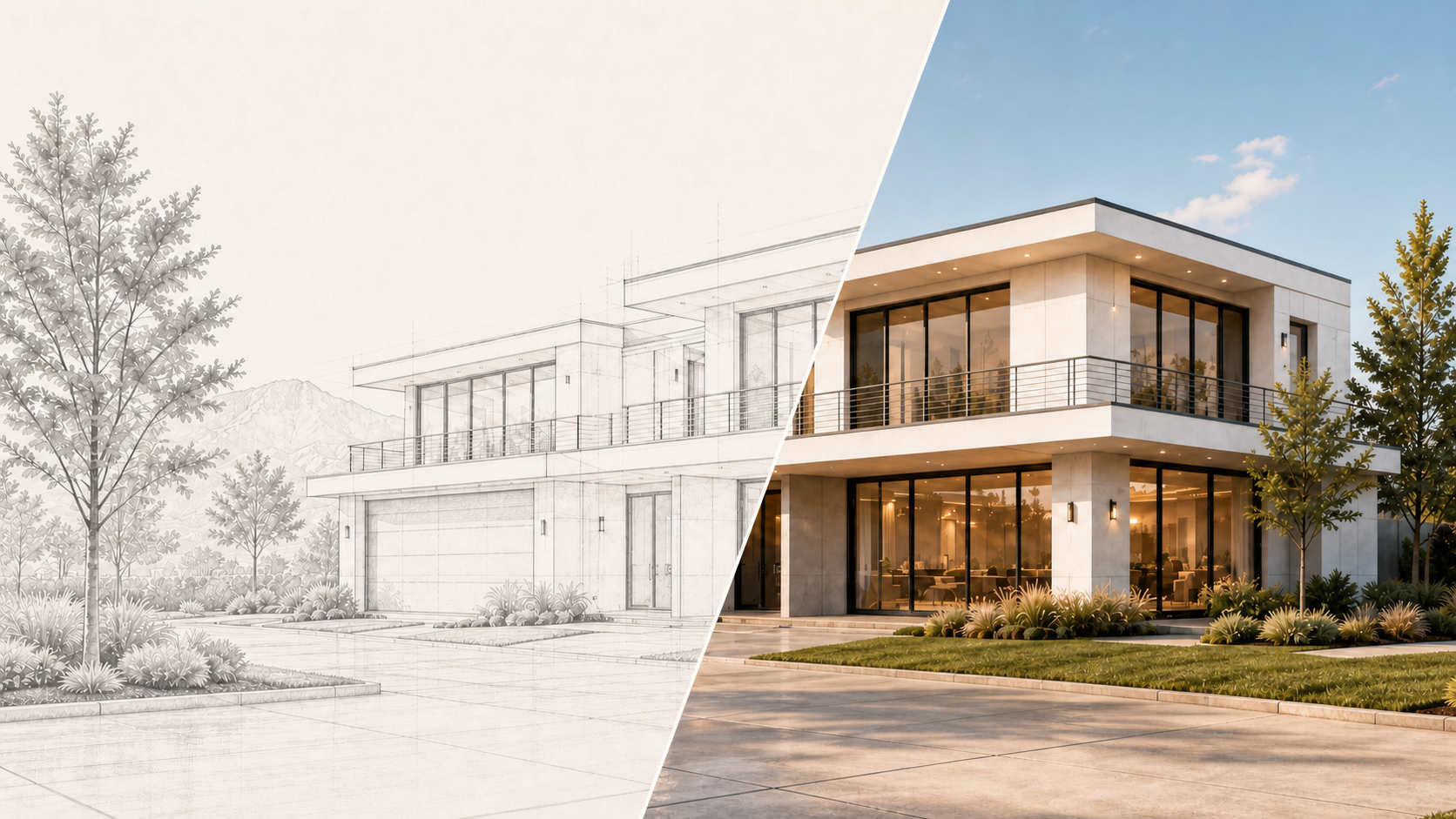 The same modern home transitioning seamlessly from architectural drawing to completed construction